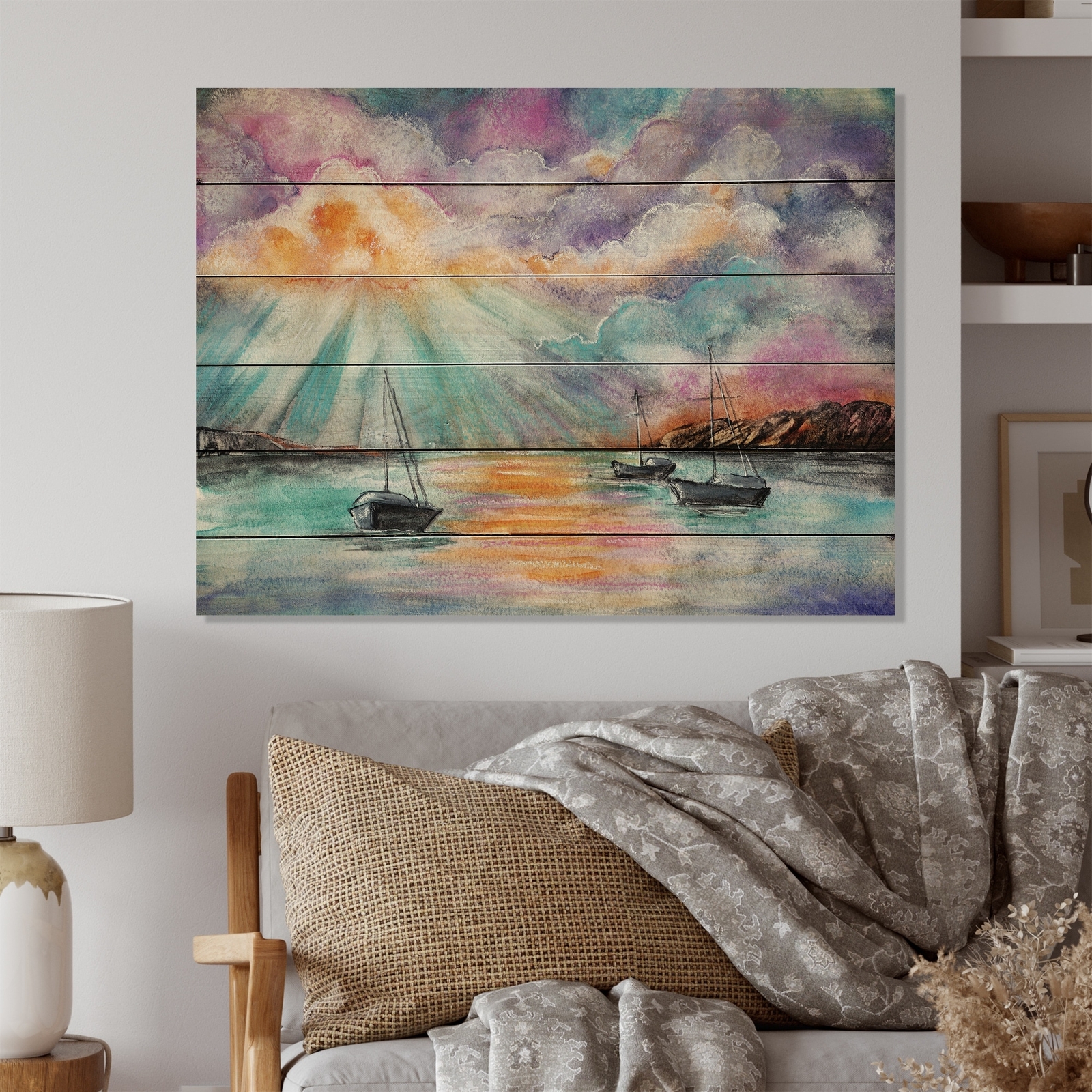 Designart 'Sunseat Boats Sea Illustration' Nautical & Coastal Wood Wall Art -