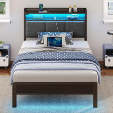 Bed Frame Twin Size with Charging Station and LED Lights, Upholstered Headboard