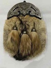 Handmade Scottish Full Dress Fox Fur Sporran with Ornate Thistle Design Cantle