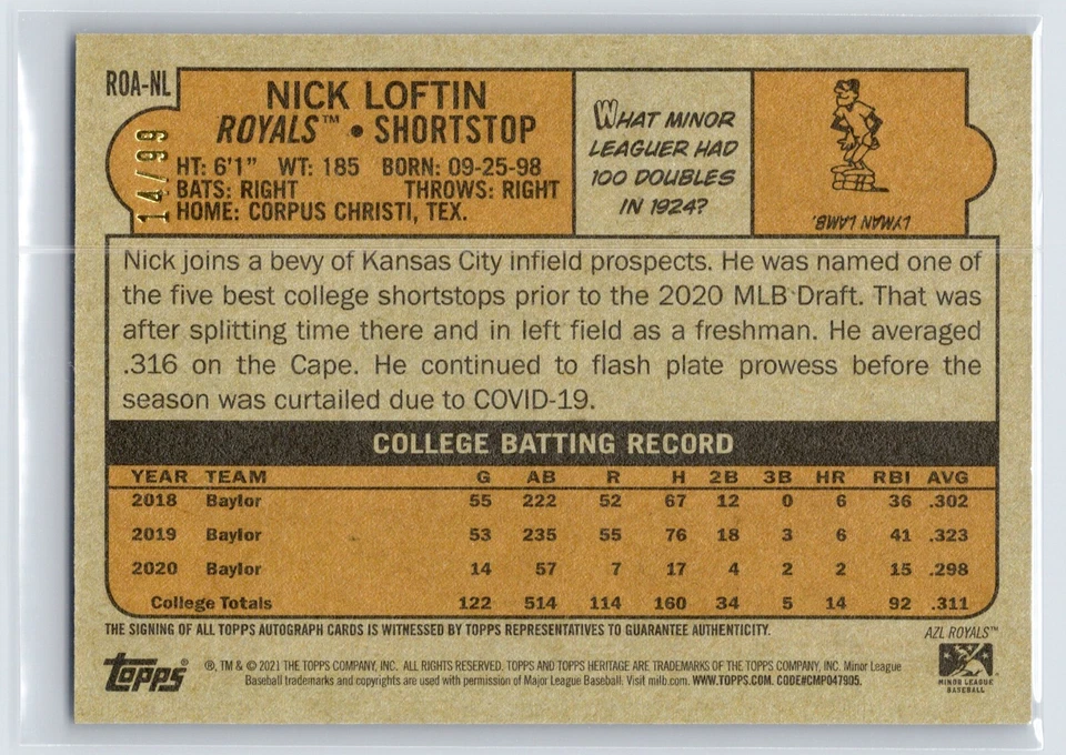 NICK LOFTIN 2021 Topps Heritage Minors BLUE RC AUTOGRAPH #/99 REAL ONE AUTO - Image 2 of 2