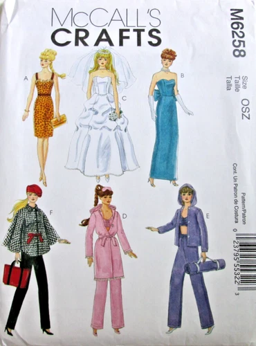 McCalls Pattern 6258 Barbie 11.5 Fashion Doll Clothes Wedding Dress Yoga PJs UC
