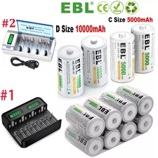 Lot 1.2V D Cell , C Cell Size Rechargeable Batteries  NiMH /Optional Charger