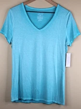 Time and Tru Women's V Neck Short Sleeve Aqua Blue Shirt Size M (8-10)