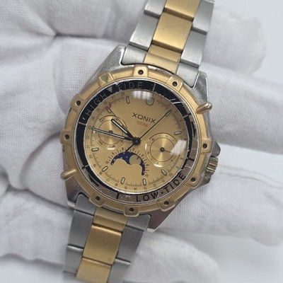 Vintage XONIX Mens Watch Quartz Stainless Steel 100M Moon Phase Triple Date