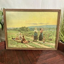 Antique Framed Chromolithograph Print César Pattein 1908 Women In Countryside