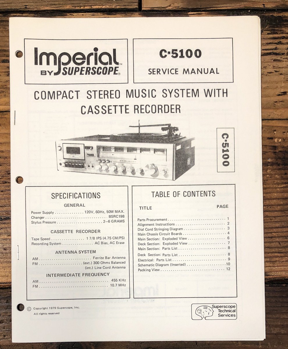 Imperial / Superscope C5100 C-5100 Stereo Service Manual *Original*