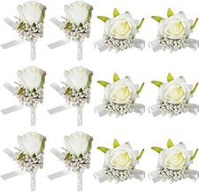 12 Pcs White Rose Corsage, Boutonniere Set, 6 Wristlet, 6 Mens, Wedding