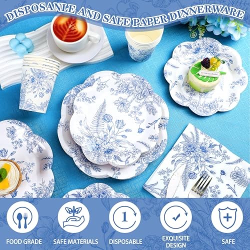 250 Pcs Blue Floral Disposable Plates and Napkins Blue and White Classic - Bild 4 von 7