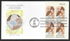 BLIND DEAF HELEN KELLER & TEACHER ANNE SULLIVAN 1980 FARNAM CACH FDC PLATE#BLOCK