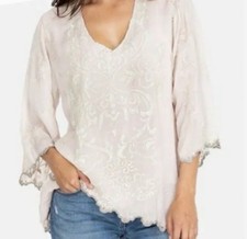 Johnny Was Boho Chic Sheer Light Pink Embroidered Eyelet Tunic Blouse Women  s SM