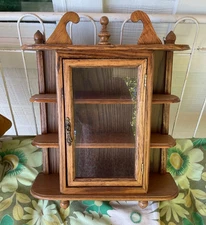 Vtg  Wood 3 Tier table top Wall Mount  Curio Display Cabinet shelf glass door