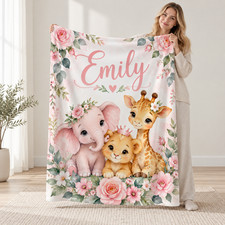 Elephant Cat Giraffe Pink Floral Watercolor Coral Fleece Blanket