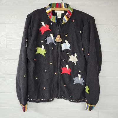 Vintage Susan Bristol Flying Pigs Embroidered Zip Cardigan Jacket Size Large 