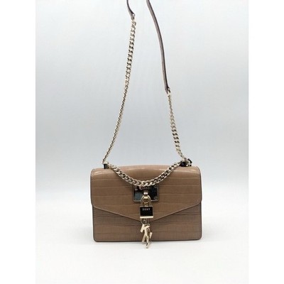 DKNY Womens Sand Beige Croc-Embossed Elissa Small Flap Shoulder Bag NWT