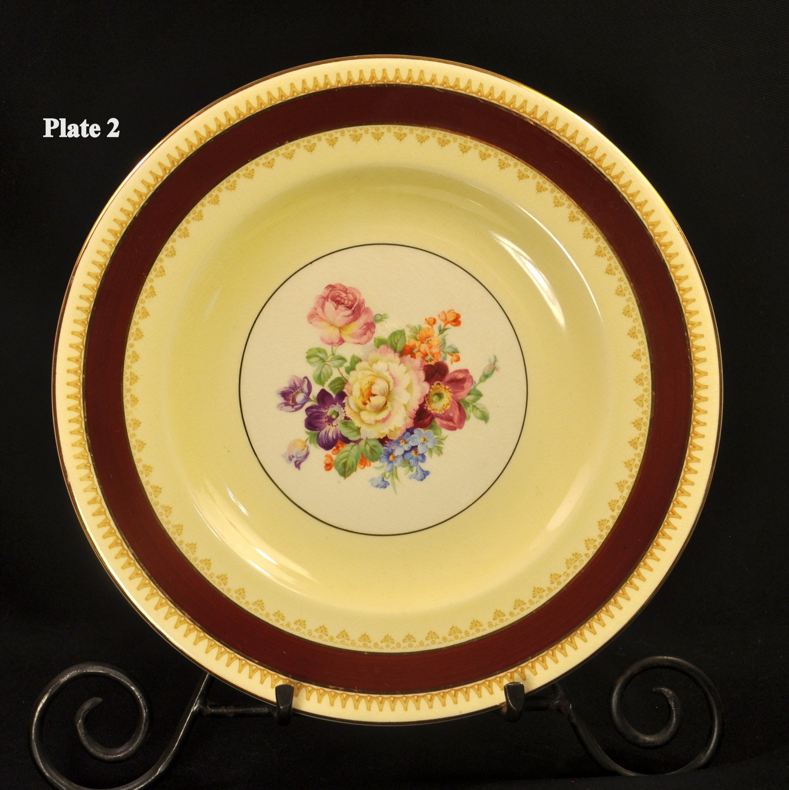 Wood & Sons 4 Plates 10 3/4" Ironstone Yellow Maroon Band Roses w/Gold 1907-1910