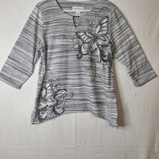 ALFRED DUNNER WOMENS PULLOVER TOP 3/4 SLEEVE ROUND NECK MULTI COLOR SIZE MED