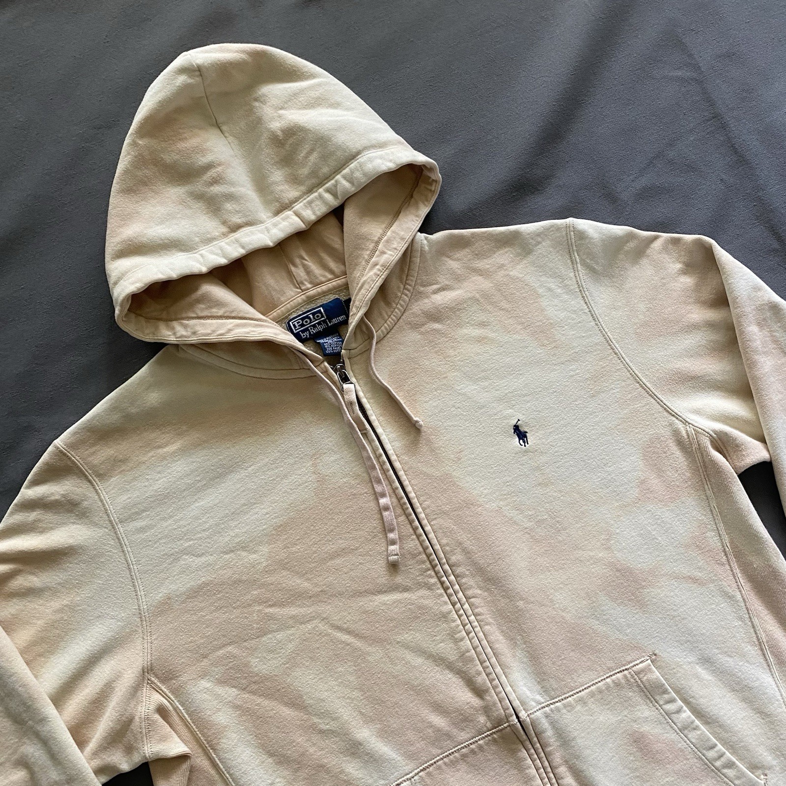 Polo Ralph Lauren Felpa con Cappuccio Uomo Taglia Large Beige Tinta Lavaggio Acido Full Zip Small Pony