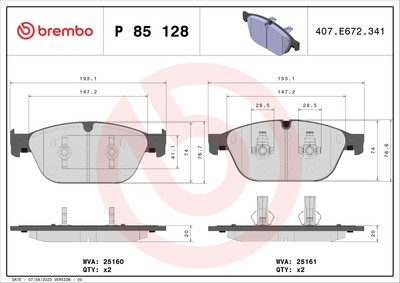 Brembo P 85 128 brake pad set, disc brake for Audi Audi (FAW)