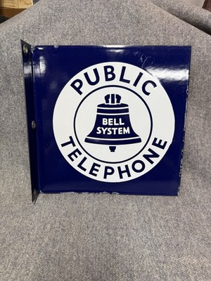 Vintage Public Telephone Bell System Porcelain Double Sided Flange Sign 11x11
