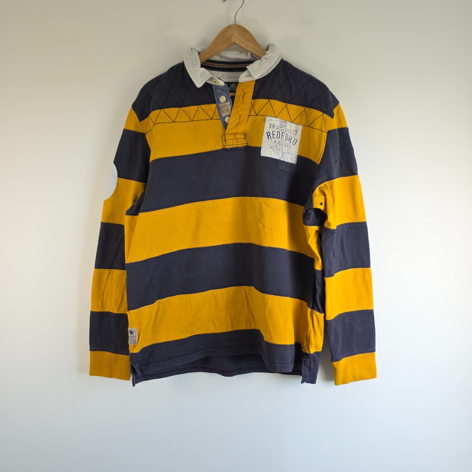 Next Rugby Shirt Mens XL Navy Mustard Stripe Varsity Preppy Long Sleeve Polo