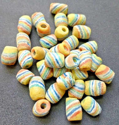 Lot of 34 African Sandcast Tube Beads YELLOW Multi-Color Stripe Approx. 10 X 6mm