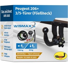 ANHÄNGERKUPPLUNG abnehmbar für Peugeot 206+ ab 09 +13polig E-Satz ABE