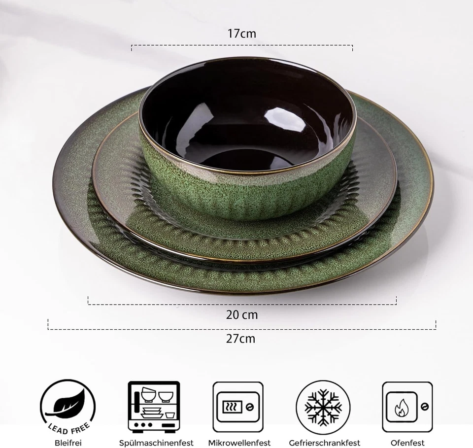 Leratio 18-teiliges Steinzeug Geschirrset für 6 Pers. Jade Grün - Bild 2 von 4