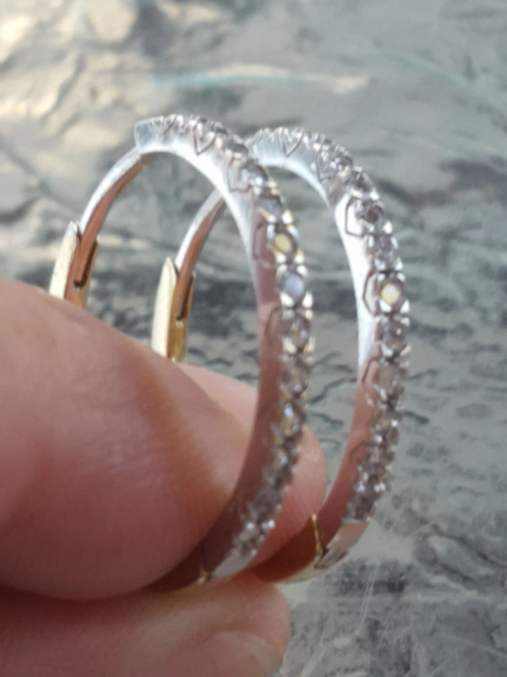 White Sapphire Labcreated Round Cut Hoop Earrings 10kt Solid Two Tone Gold - Image 4 of 4