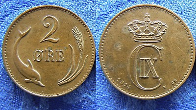 1874 Denmark 2 Ore-Dolphin/Wheat- Nice
