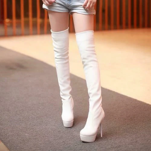 New Womens Black Over The Knee Thigh High Heel Stiletto Platform Stretch Boots @ - Picture 5 of 15