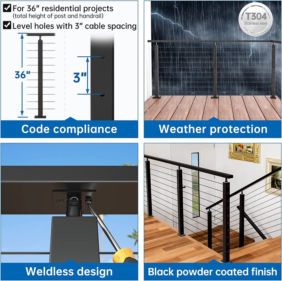 Cable Railing Post Railing Column 36"x2"x2" Level drilled Post Adjustable Top - Image 4 of 4