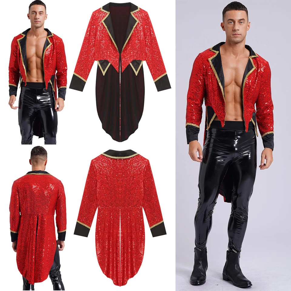 DE Herren Zirkusdirektor Kostüme Pailletten Jacke Mantel Festlich Gothic Frack - Bild 3 von 4