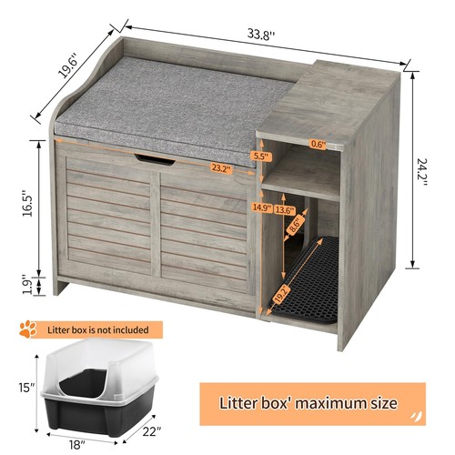 Cat Litter Box Enclosure Hidden Litter Box Furniture Cat House Cabinet w/Cushion - Picture 7 of 7