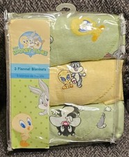 Vintage 3 Flannel Blankets Baby Looney Tunes Embroidered Printed New In Package