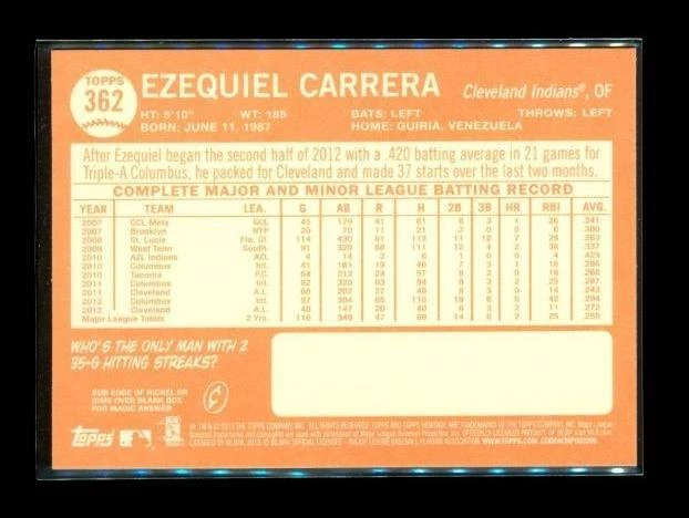 2013 TOPPS HERITAGE Baseball Card #362 EZEQUIEL CARRERA Cleveland Indians - Image 2 of 2