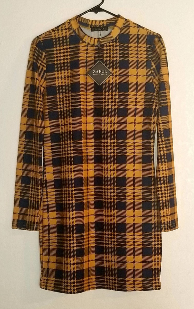 Zaful Women Red Blue Yellow Plaid Stretch MockNeck Bodycon Pencil