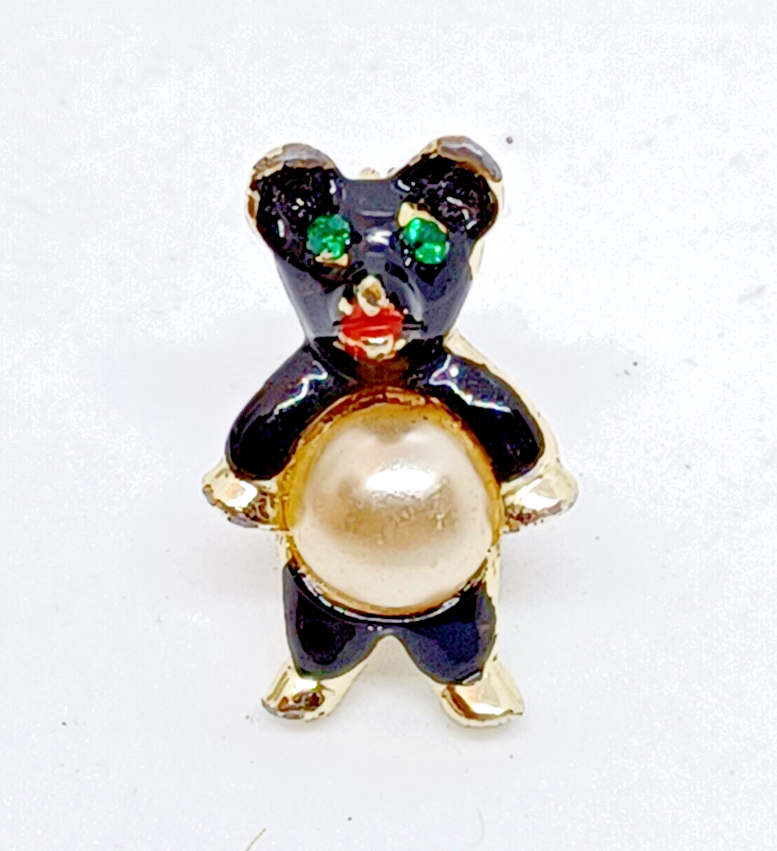 Vintage Black Bear Brooch Pin with Green Eyes Faux Pearls Rhinestones Jelly Belly Style