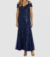 R M Richards Women Blue Beaded Off The Shoulder Long Evening Gown Dress Size 16
