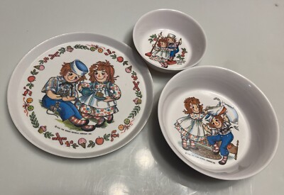 Vintage 1969 Oneida Deluxe Raggedy Ann & Andy große Schüssel kleine Schüssel Tellerwagen