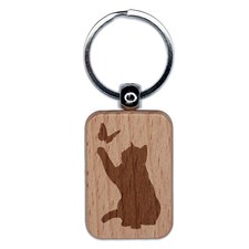 Cat Playing with Butterfly Engraved Wood Rectangle Keychain Tag Charm