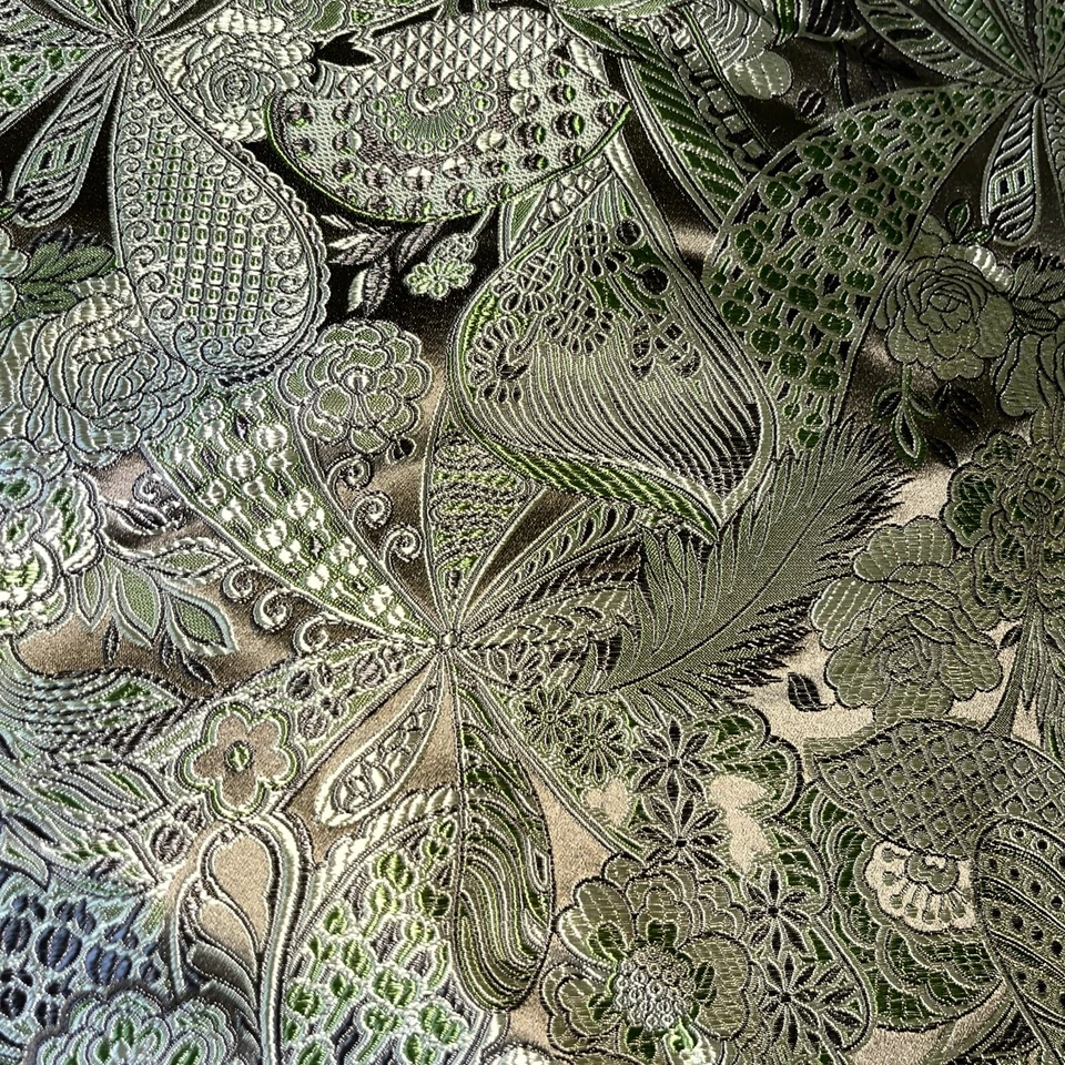 Japanese Brocade Fabric 8 7/8 Yards By 29” wide Satin Silk Champagne & Lime - Image 3 of 3