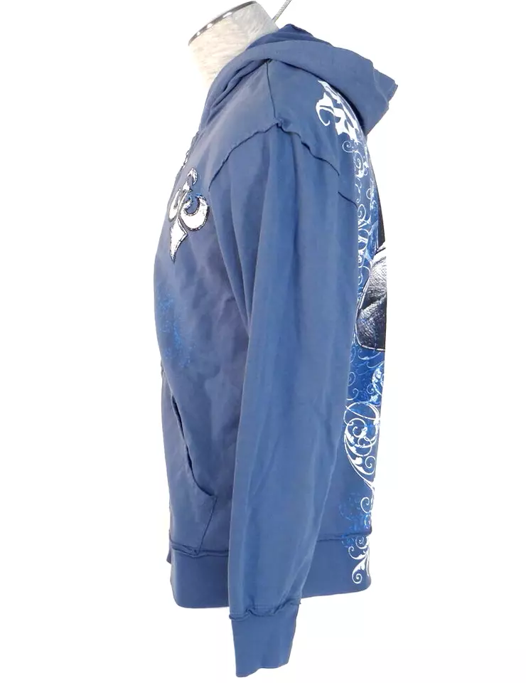 Sudadera con Capucha Affliction Signature Azul Vintage Monocle Calavera Cremallera Frontal Para Hombres NUEVA Foto 3 de 4