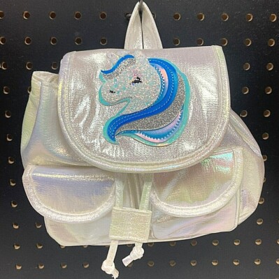 Claire s Girls Small Backpack Iridescent Glitter Blue Unicorn with 2 Pockets New