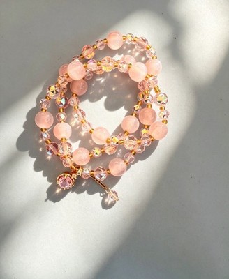 Handmade Pink Beaded Necklace Braclete 2 in 1, Sunlight Activated Color Beads