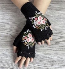 Black Floral Hand Embroidery Knit Crochet Fingerless Gloves US Seller NEW