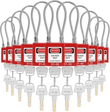 10 Pack Lockout Tagout Safety Locks Steel Cable Padlocks Keyed Different Red