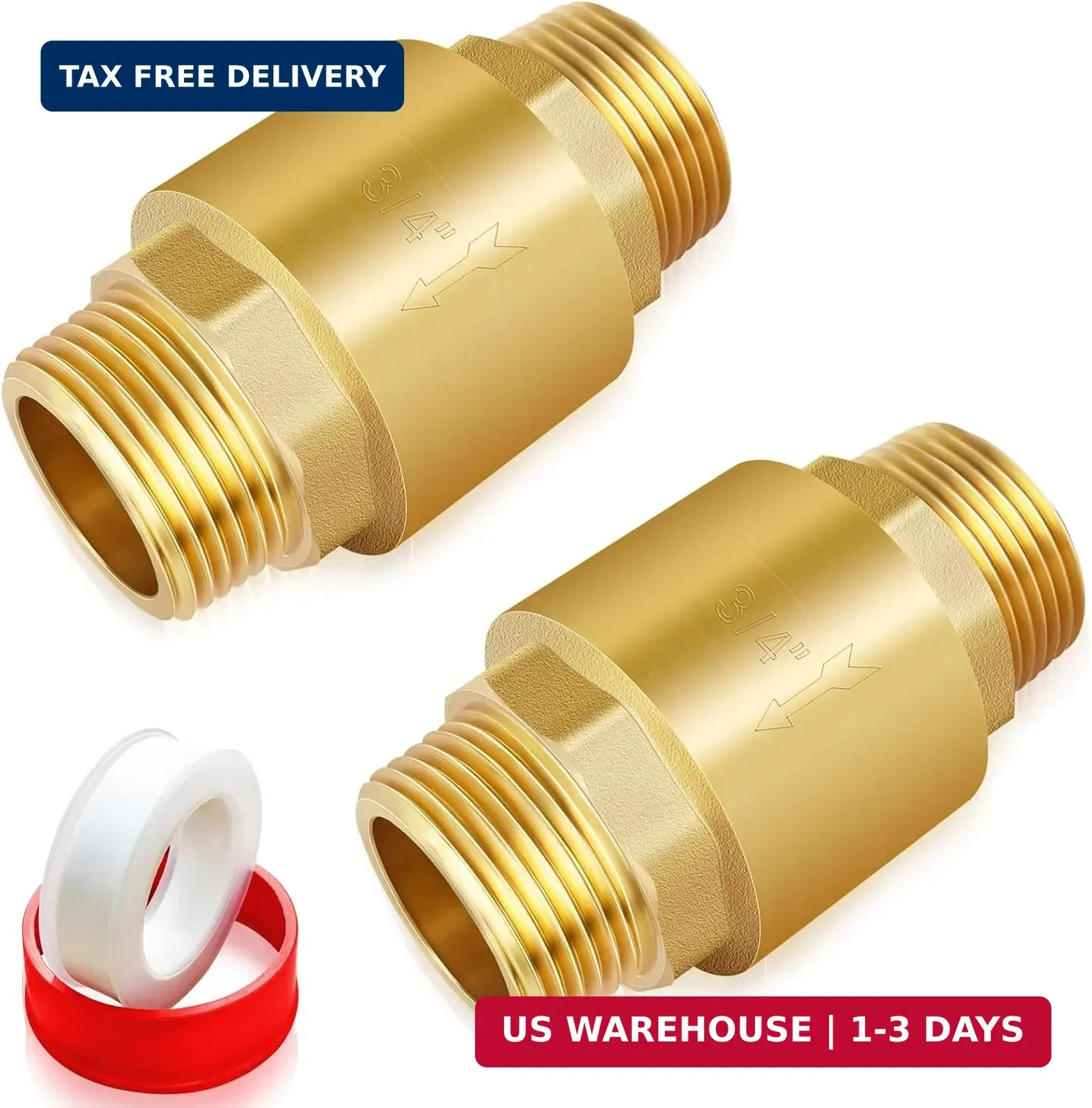 Solid Brass Spring Check Valve 3/4" NPT Male, Inline One Way Valve