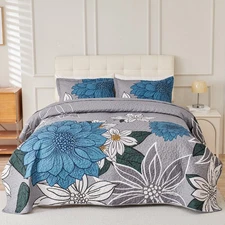 3PC Quilt Set King Blue Floral Pattern Quilt Coverlet Elegant Bohemian Bedspread