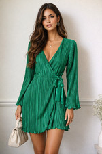 Pink Lily Emerald Green Pleated Wrap Dress V-Neck Size Medium Bell Sleeves Chic
