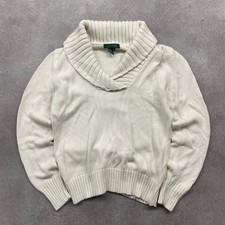 Ralph Lauren Jumper Womens Medium Shawl Knit Cotton Pullover Sweater, White